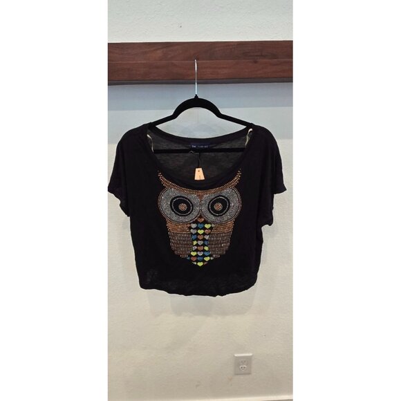 The Classic Tops - The Classic Womens Crop Top With Beaded Owl Design Black Made In USA Lightweight